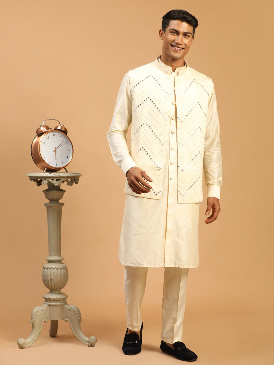 Men Cream Mirror Work Nehru Jacket with Viscose Kurta & Pyjama Set