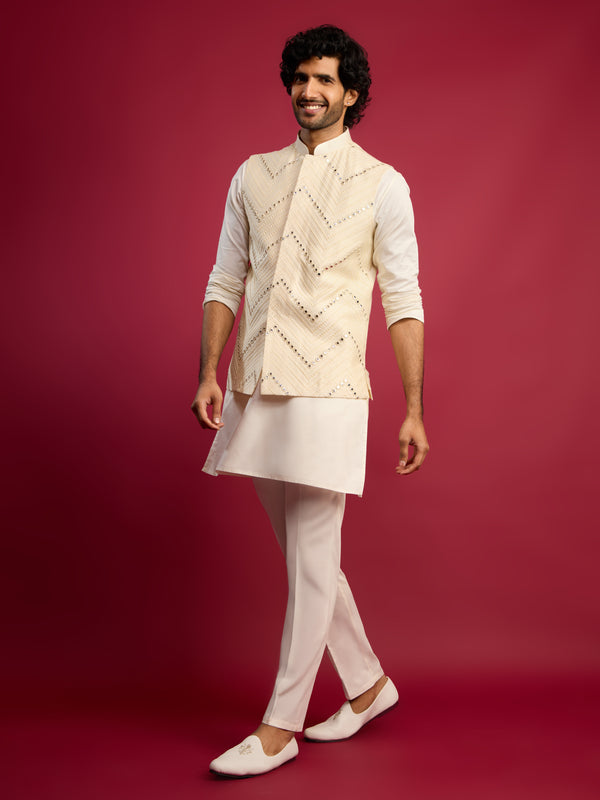 Men Cream Mirror Work Nehru Jacket with Fine Satin Kurta & Pant Set