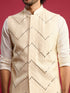 Men Cream Mirror Work Nehru Jacket with Fine Satin Kurta & Pant Set