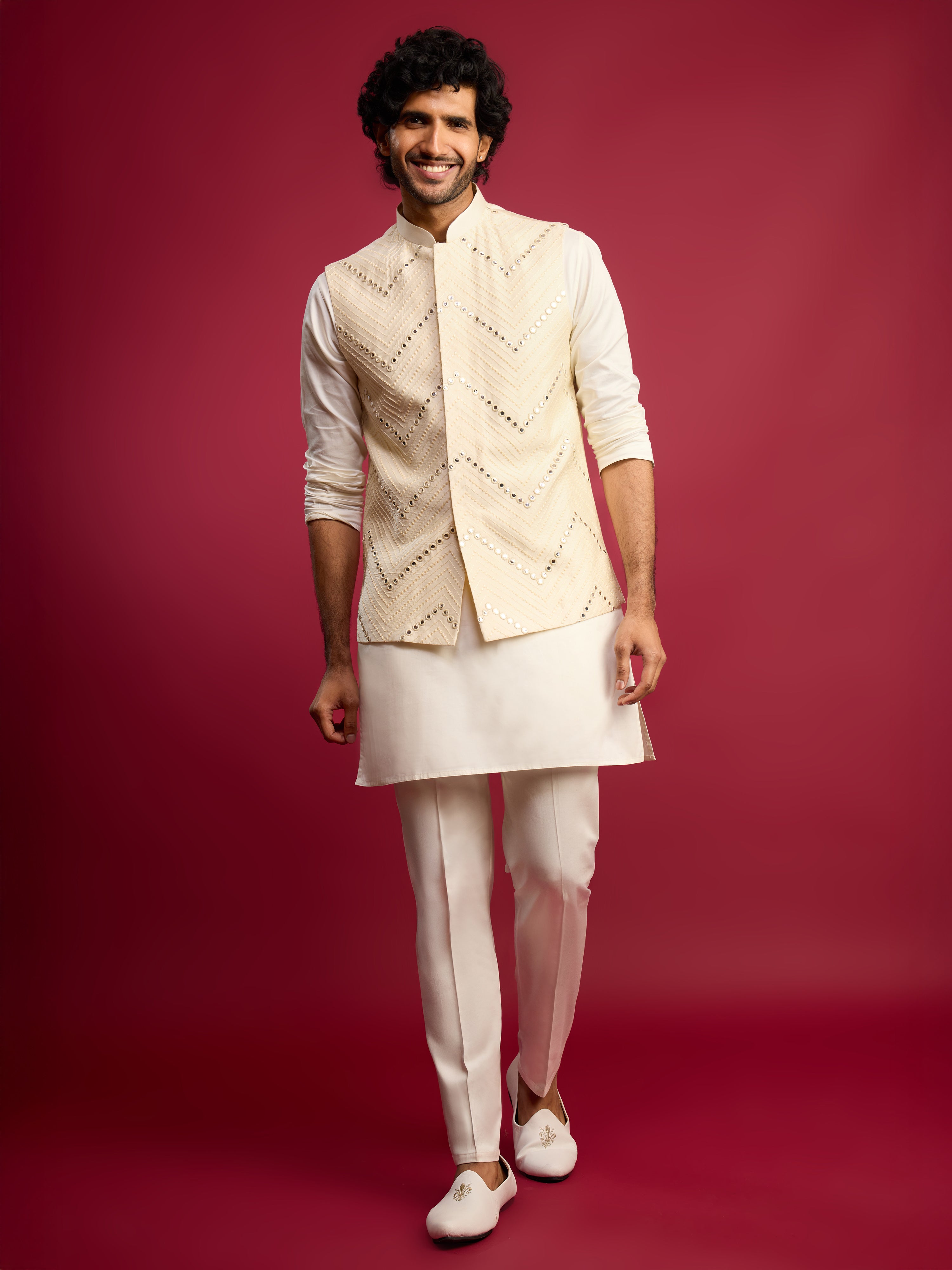 Men Cream Mirror Work Nehru Jacket with Fine Satin Kurta & Pant Set