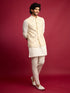 Men Cream Mirror Work Nehru Jacket with Fine Satin Kurta & Pant Set