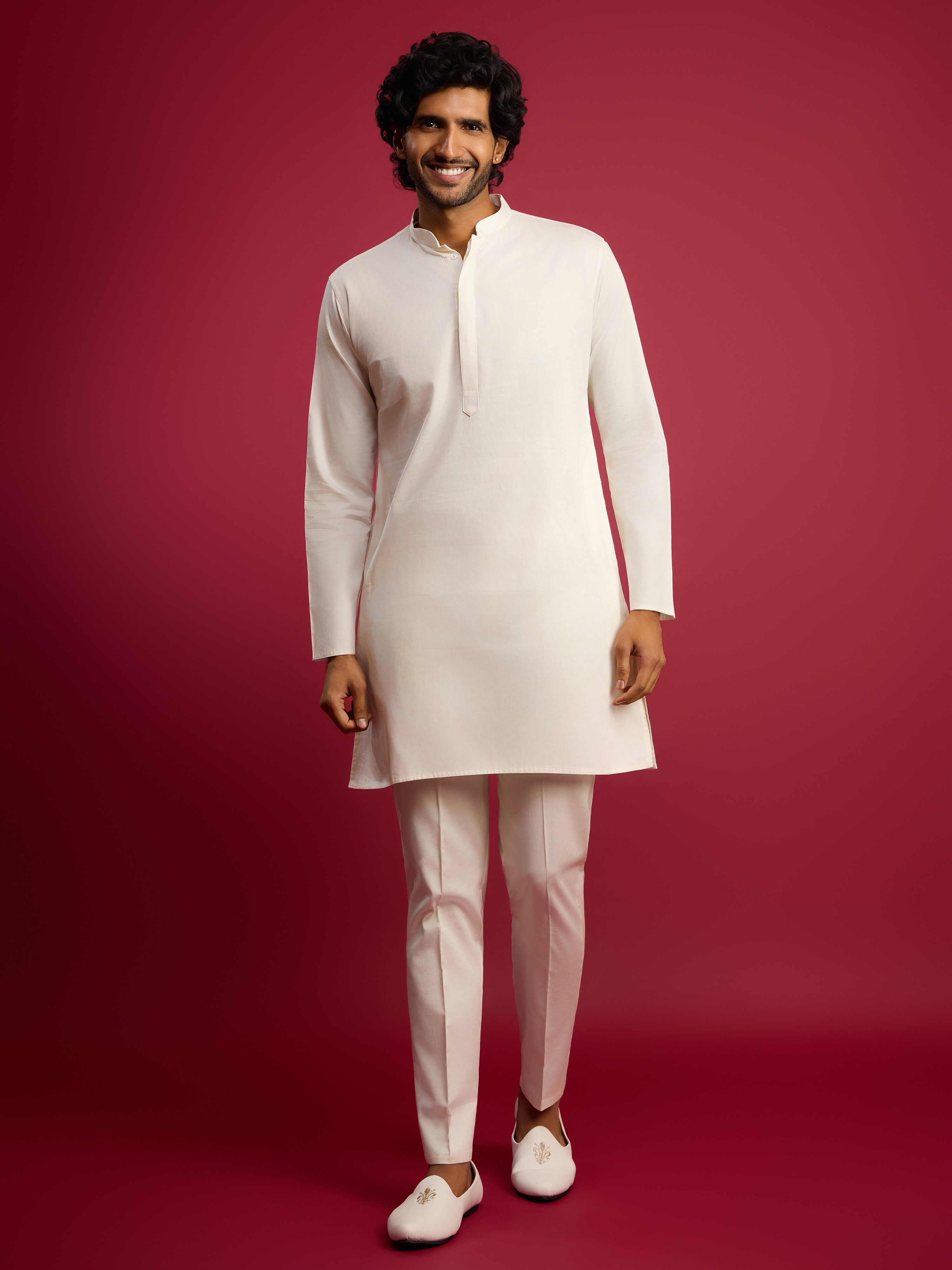 Men Cream Mirror Work Nehru Jacket with Fine Satin Kurta & Pant Set