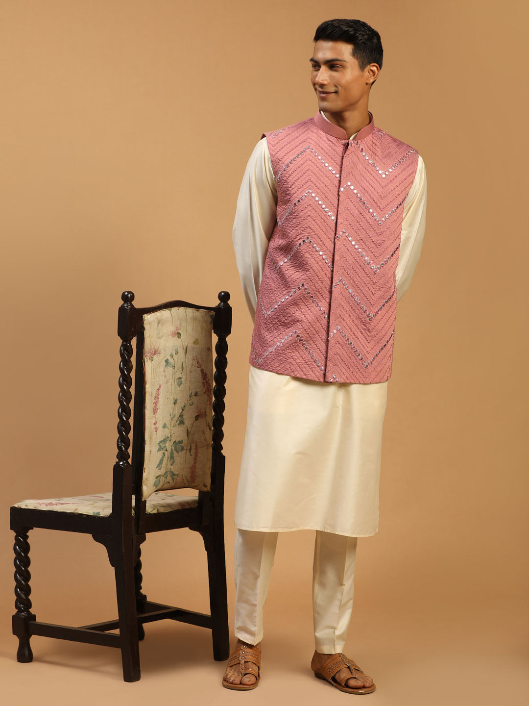 Men Cream Mirror Work Nehru Jacket with Viscose Kurta & Pyjama Set
