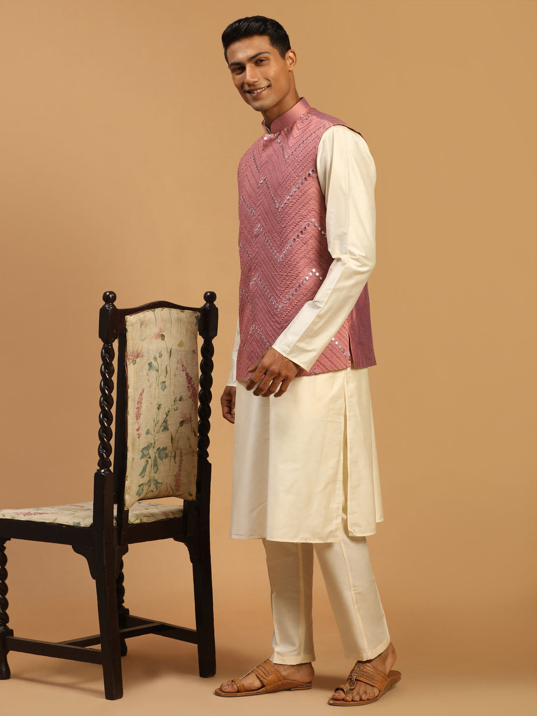 Men Cream Mirror Work Nehru Jacket with Viscose Kurta & Pyjama Set