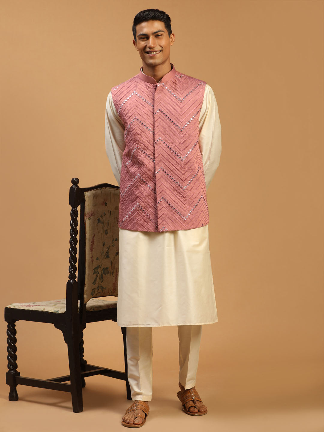 Men Cream Mirror Work Nehru Jacket with Viscose Kurta & Pyjama Set