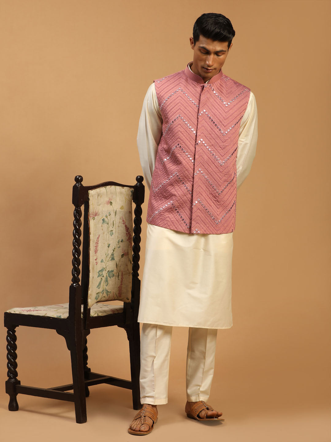 Men Cream Mirror Work Nehru Jacket with Viscose Kurta & Pyjama Set