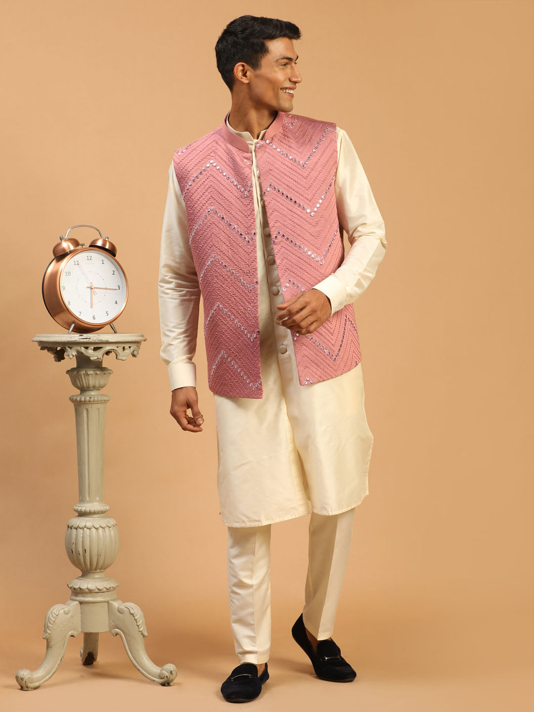 Men Onion Mirror Work Nehru Jacket with Cream Viscose Kurta & Pyjama Set