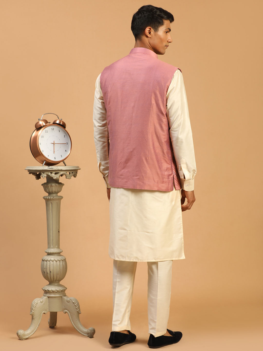 Men Onion Mirror Work Nehru Jacket with Cream Viscose Kurta & Pyjama Set