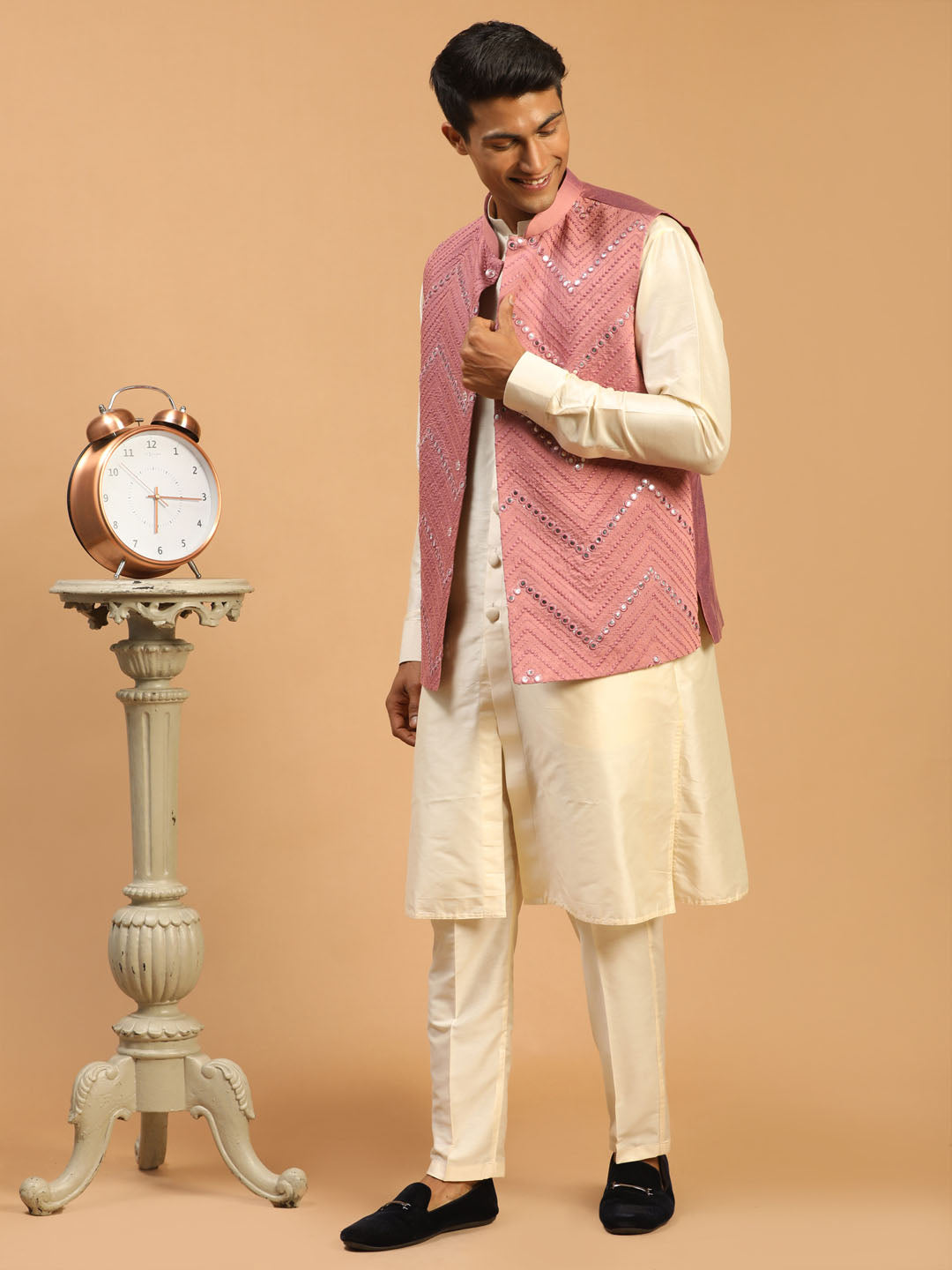 Men Onion Mirror Work Nehru Jacket with Cream Viscose Kurta & Pyjama Set