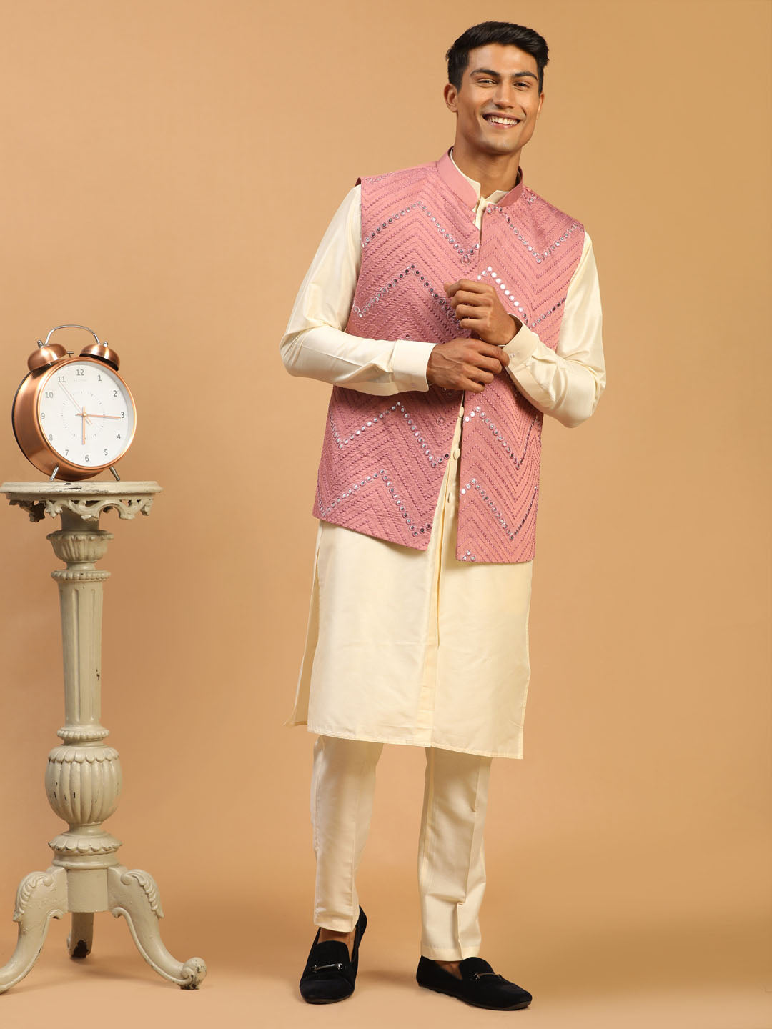 Men Onion Mirror Work Nehru Jacket with Cream Viscose Kurta & Pyjama Set