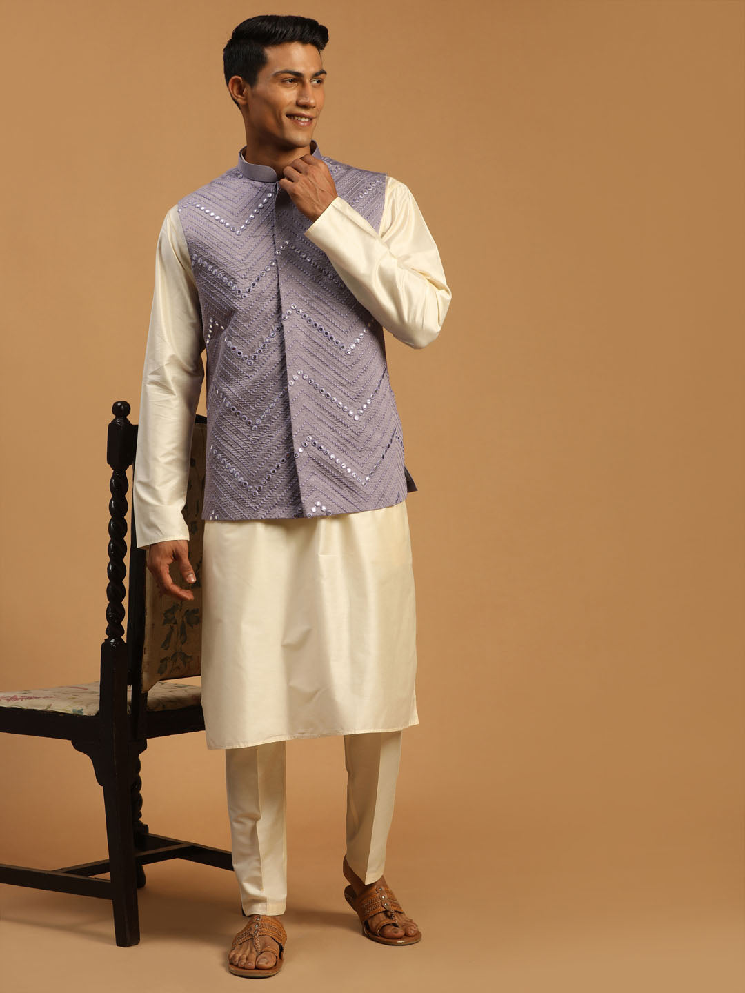 Men Onion Mirror Work Nehru Jacket with Cream Viscose Kurta & Pyjama Set