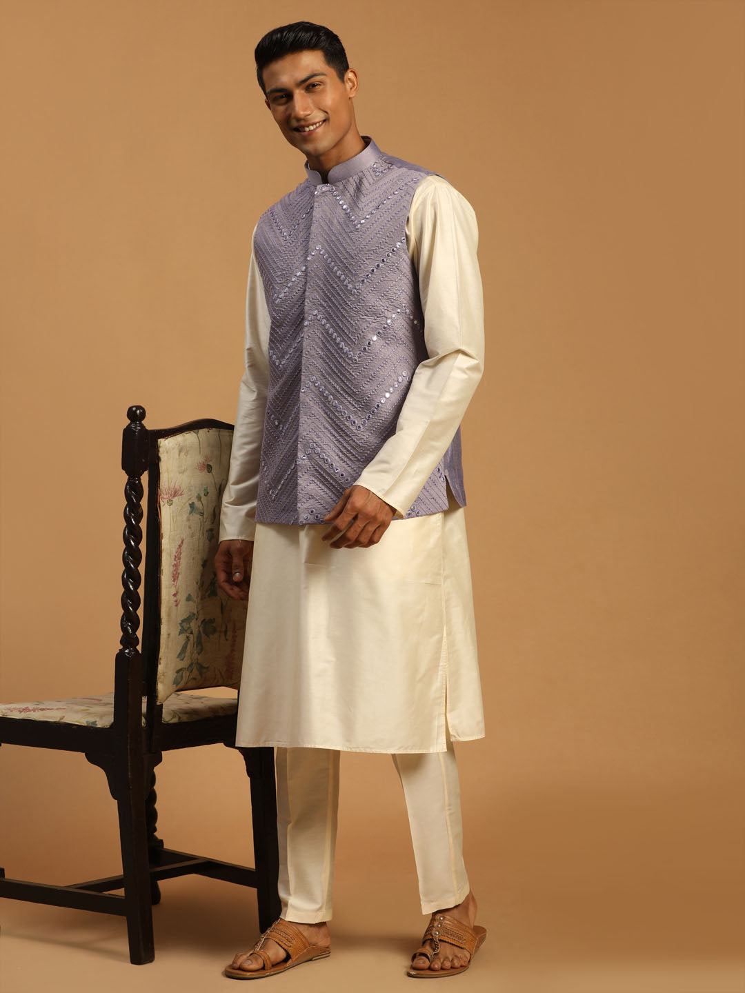 Men Onion Mirror Work Nehru Jacket with Cream Viscose Kurta & Pyjama Set