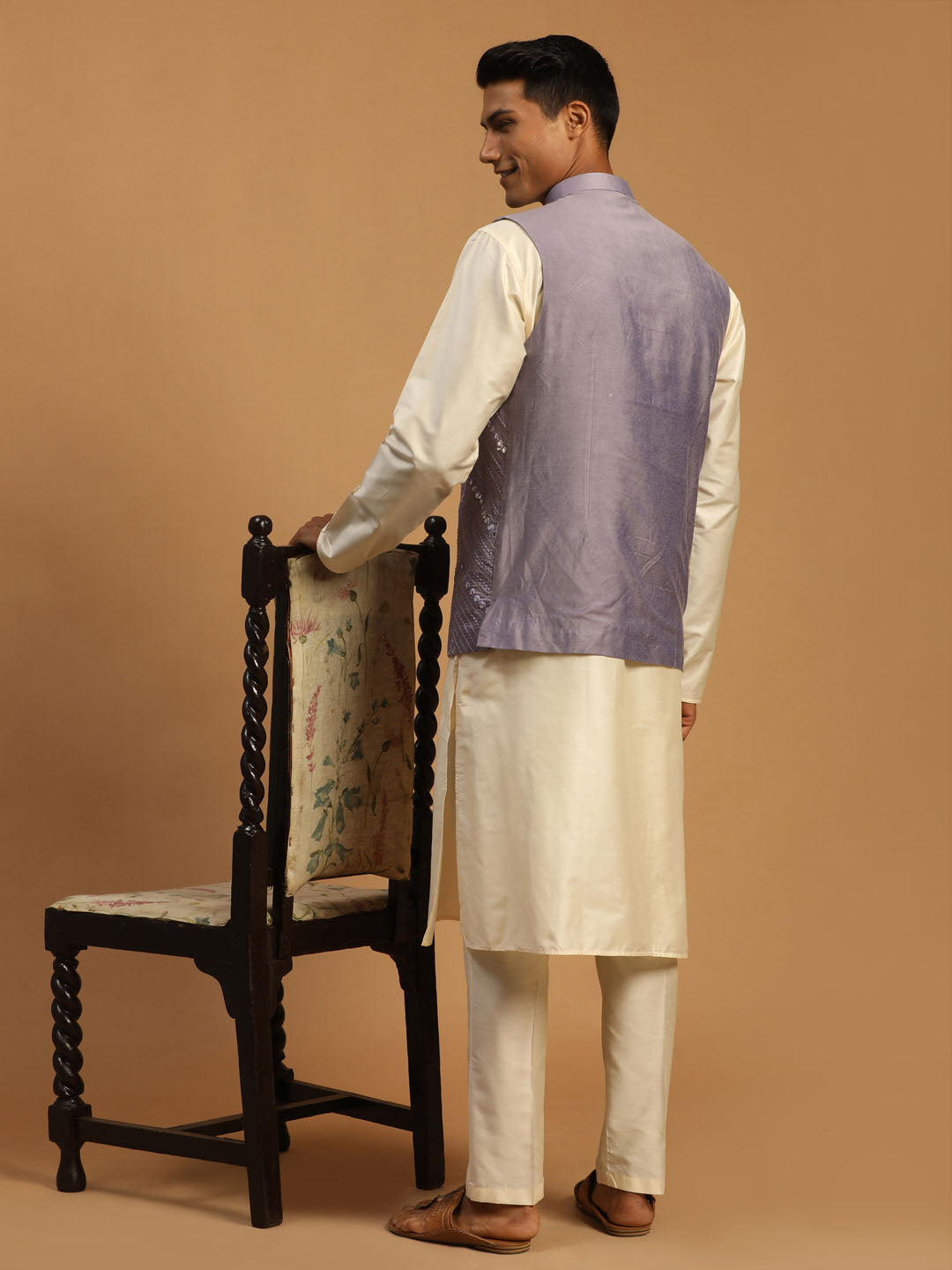 Men Onion Mirror Work Nehru Jacket with Cream Viscose Kurta & Pyjama Set