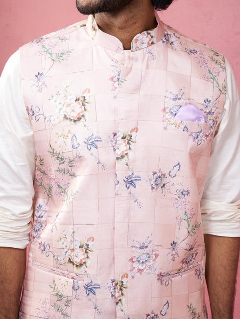 Men's Peach Silk Nehru Jacket with Cream Kurta Pyjama