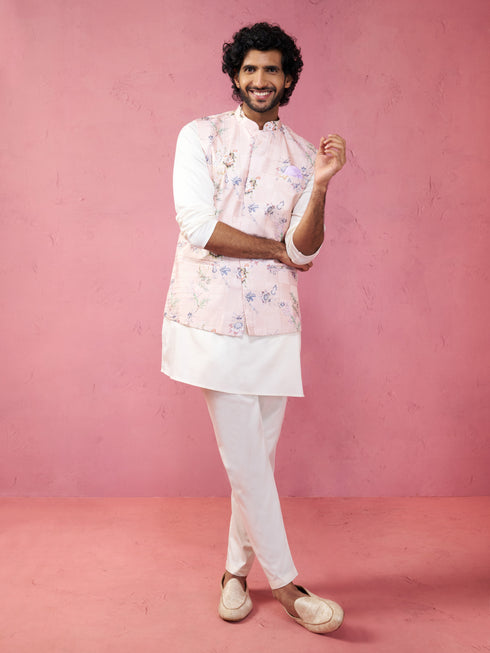 Men's Peach Silk Nehru Jacket with Cream Kurta Pyjama