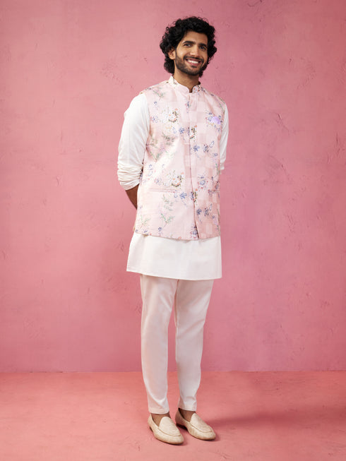 Men's Peach Silk Nehru Jacket with Cream Kurta Pyjama