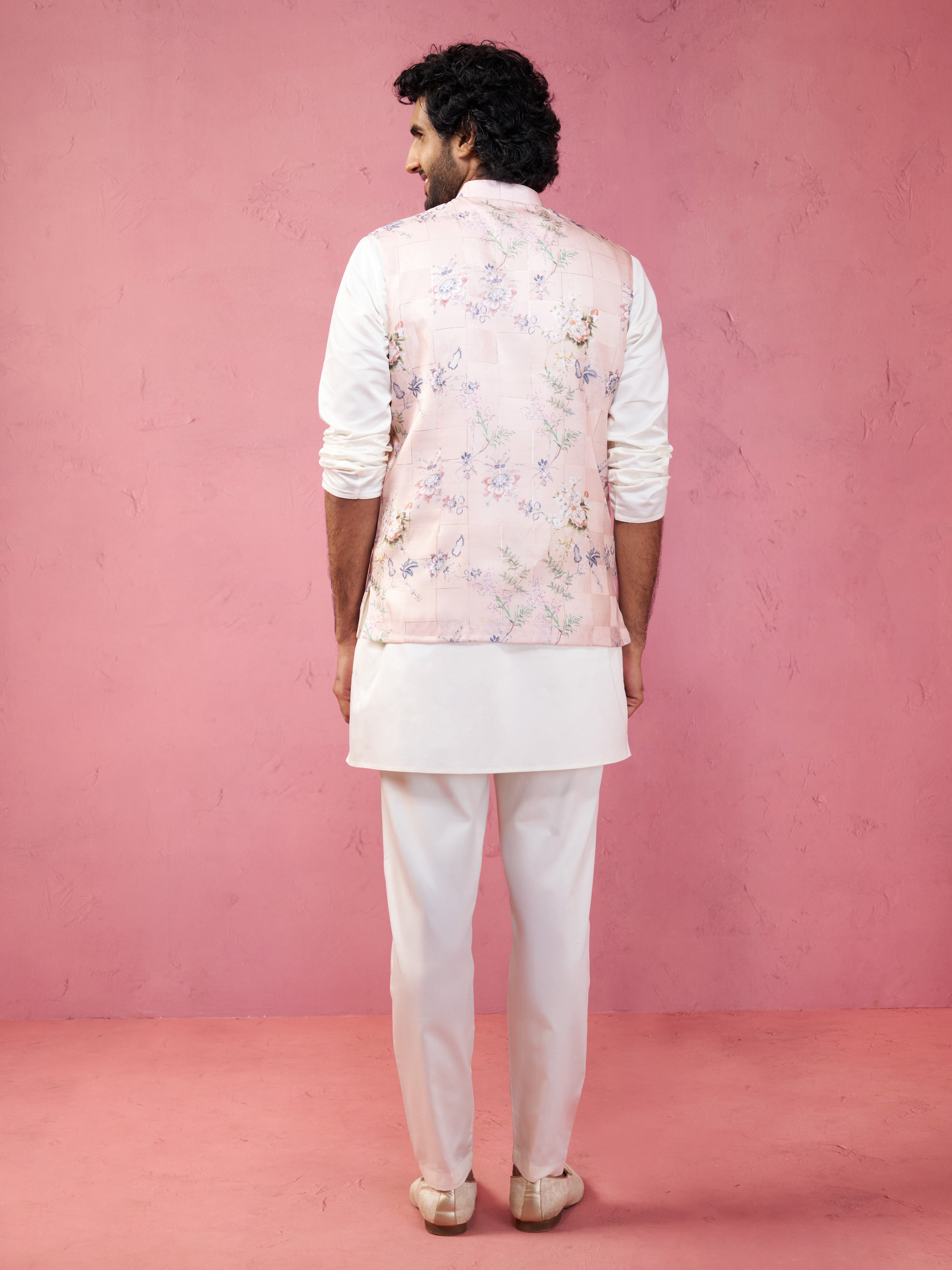 Men's Peach Silk Nehru Jacket with Cream Kurta Pyjama