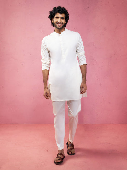 Men's Peach Silk Nehru Jacket with Cream Kurta Pyjama