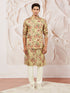 Men's Cream And Brown Silk Blend Jacket, Kurta And Pyjama Set