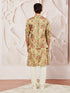 Men's Cream And Brown Silk Blend Jacket, Kurta And Pyjama Set
