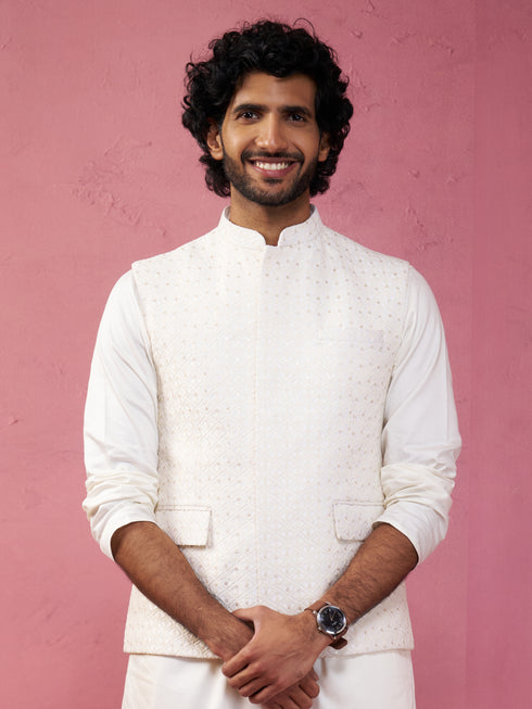 Men's Cream Kia Silk Embroidered Nehru Jacket