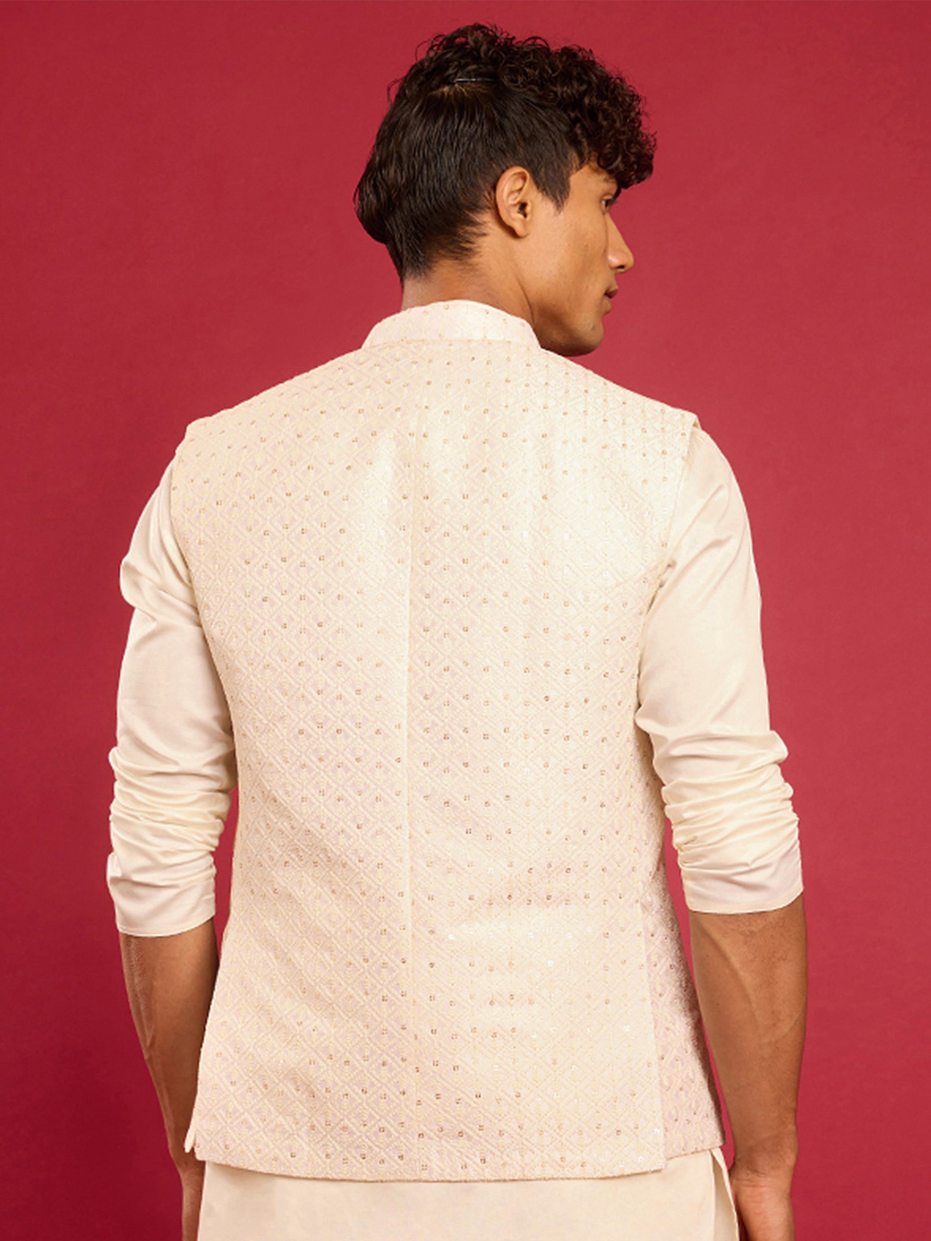 Men's Cream Kia Silk Embroidered Nehru Jacket