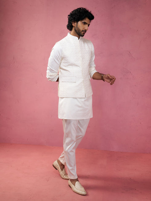 Men's Cream Kia Silk Embroidered Nehru Jacket