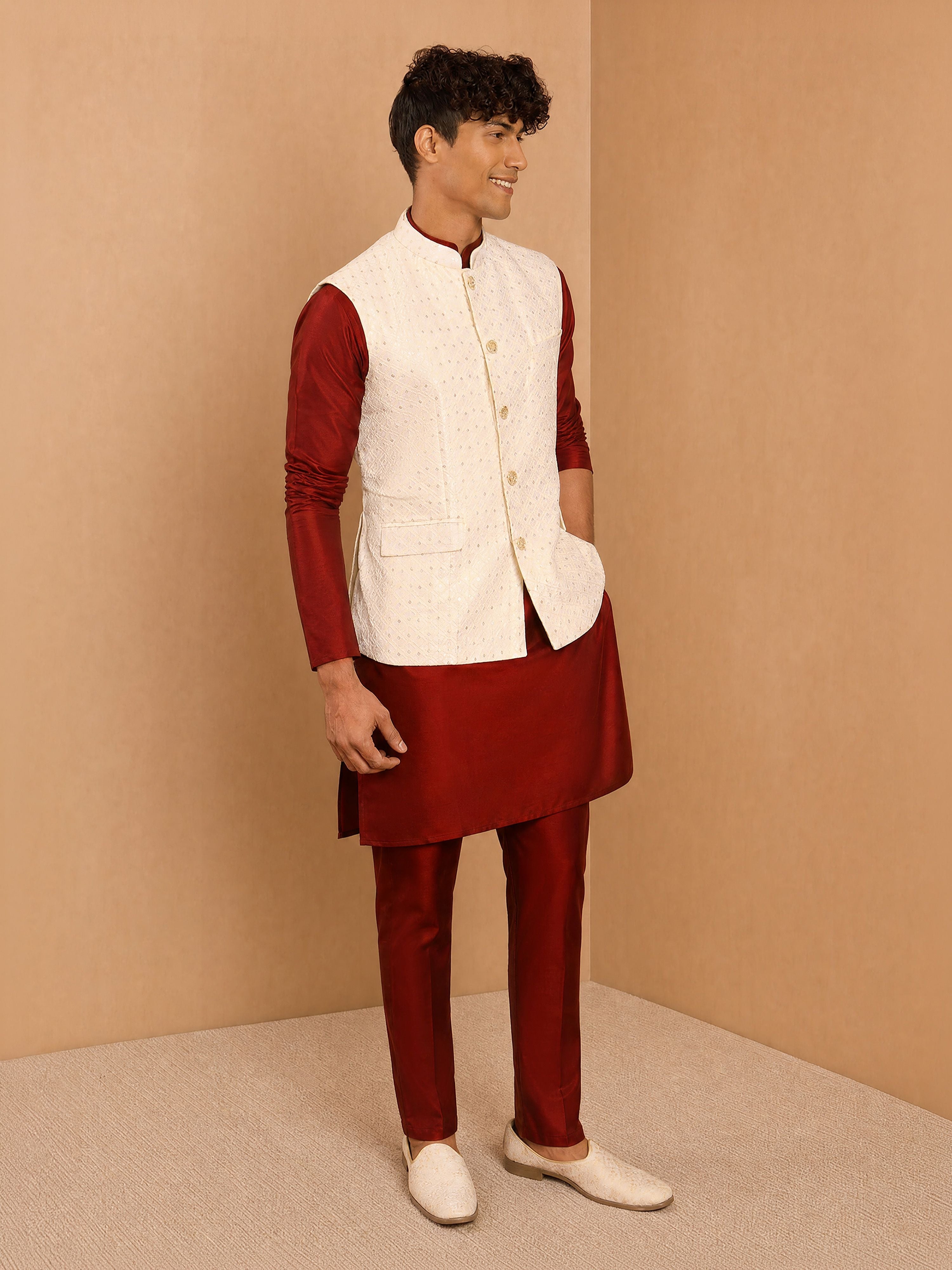 Men Maroon Viscose Nehru Jacket and Kurta with Pant Festive Ethnic Wear