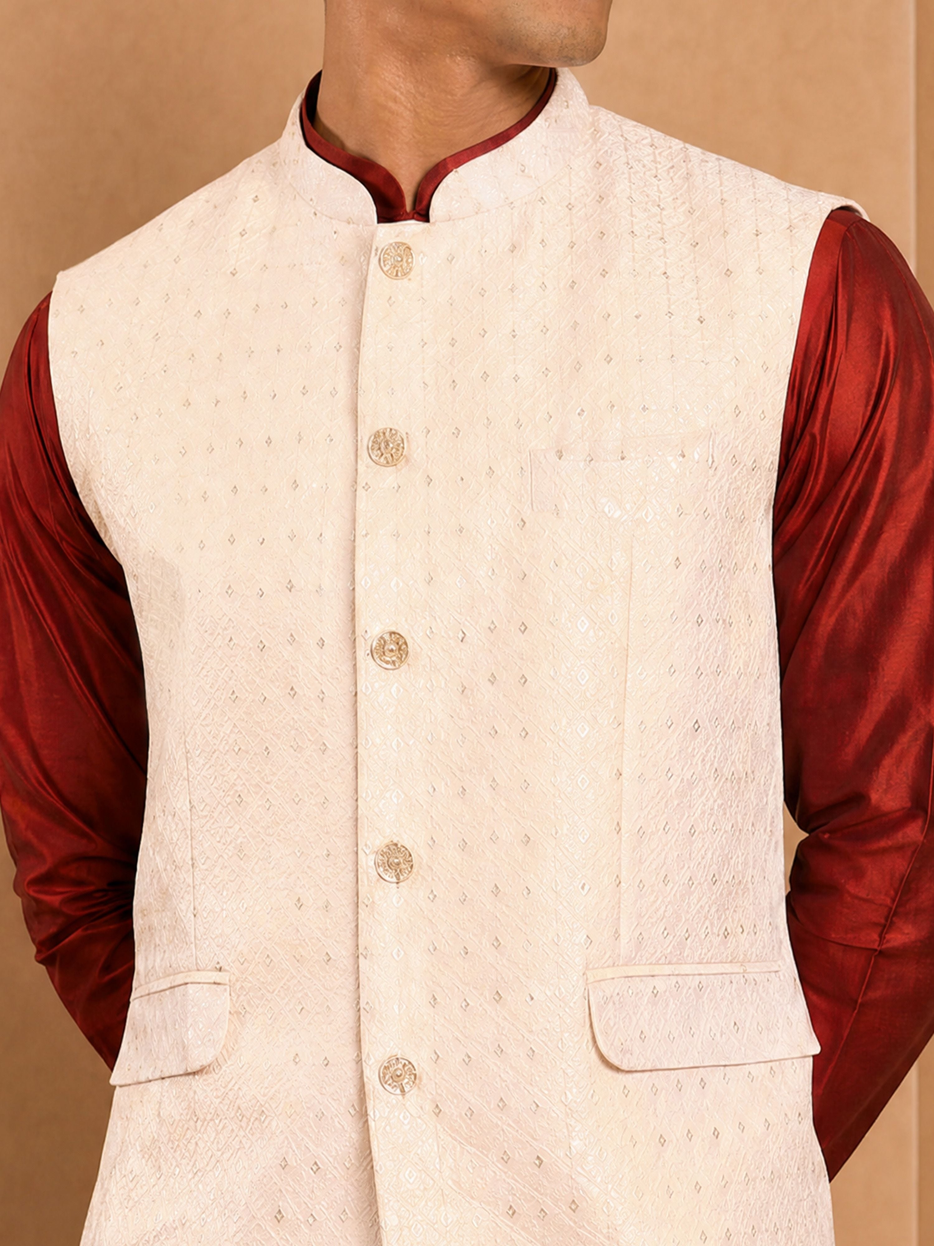 Men's Maroon Viscose Embroidered Knee Length Nehru Jacket and Kurta with Pant