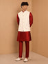 Men's Maroon Viscose Embroidered Knee Length Nehru Jacket and Kurta with Pant