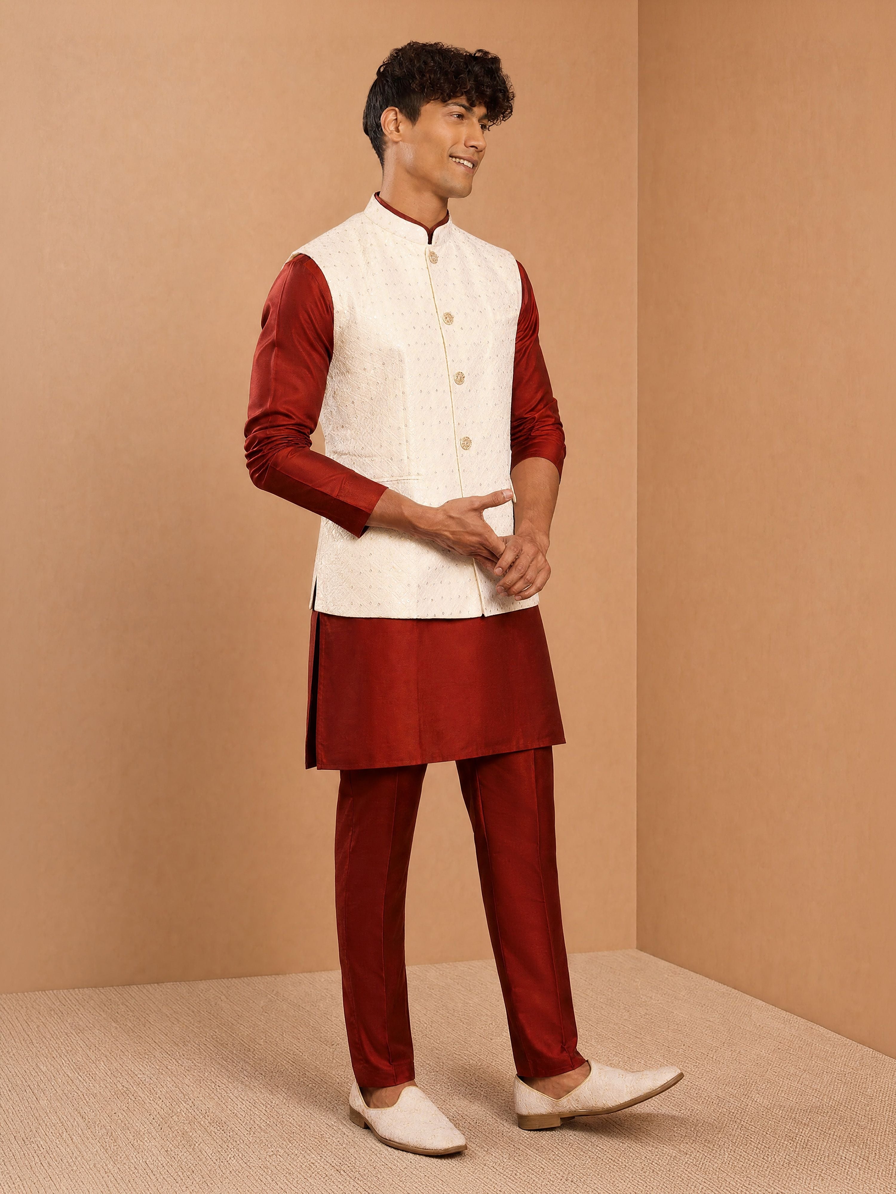 Men's Maroon Viscose Embroidered Knee Length Nehru Jacket and Kurta with Pant