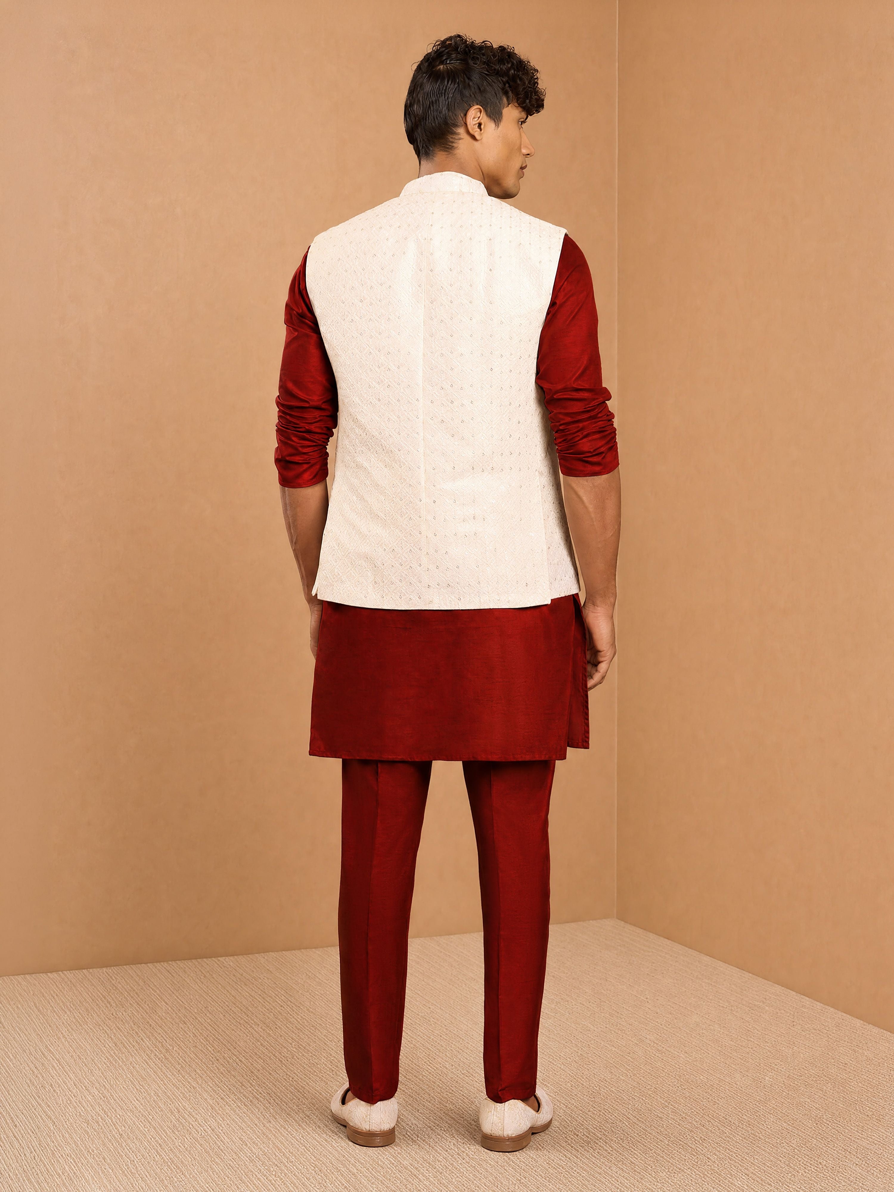 Men's Maroon Viscose Embroidered Knee Length Nehru Jacket and Kurta with Pant