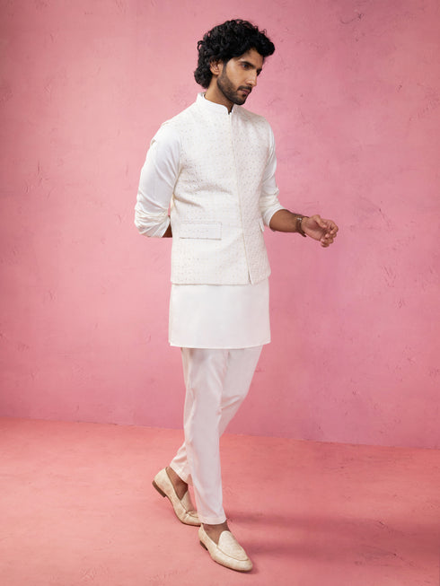 Men's Cream Embroidered Nehru Jacket with Kurta Pyjama