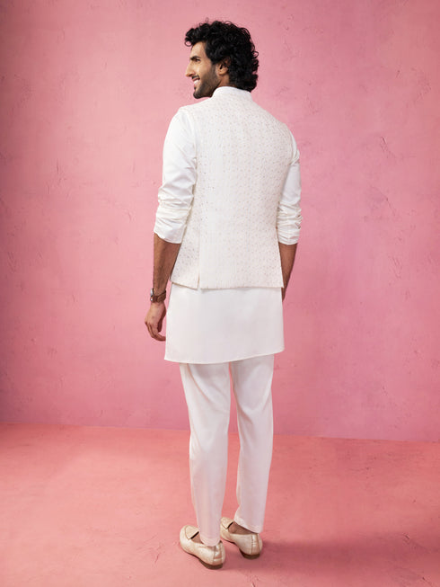 Men's Cream Embroidered Nehru Jacket with Kurta Pyjama