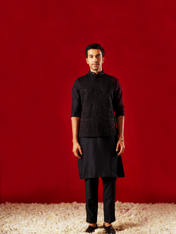 Men Black Quilted Cutdana Work Nehru Jacket with Silk Kurta & Viscose Pyjama Set