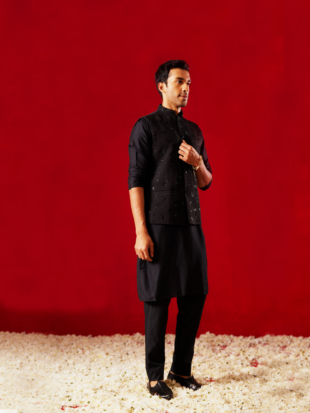 Men Black Quilted Cutdana Work Nehru Jacket with Silk Kurta & Viscose Pyjama Set