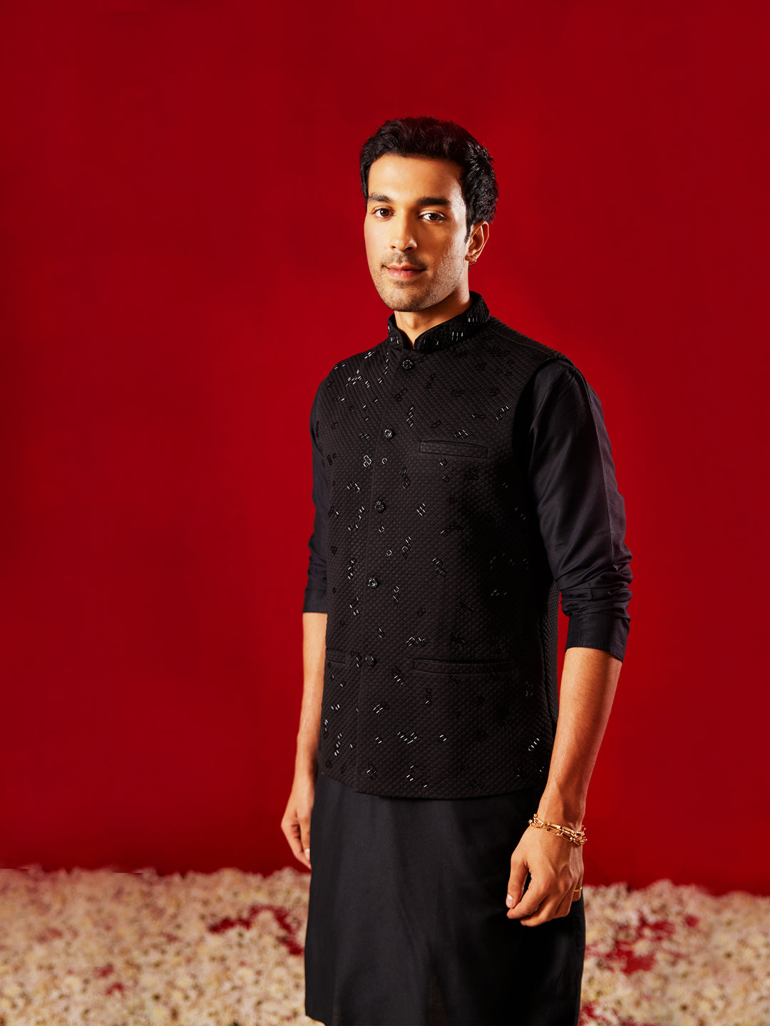 Men Black Quilted Cutdana Work Nehru Jacket with Silk Kurta & Viscose Pyjama Set