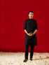 Men Black Quilted Cutdana Work Nehru Jacket with Silk Kurta & Viscose Pyjama Set