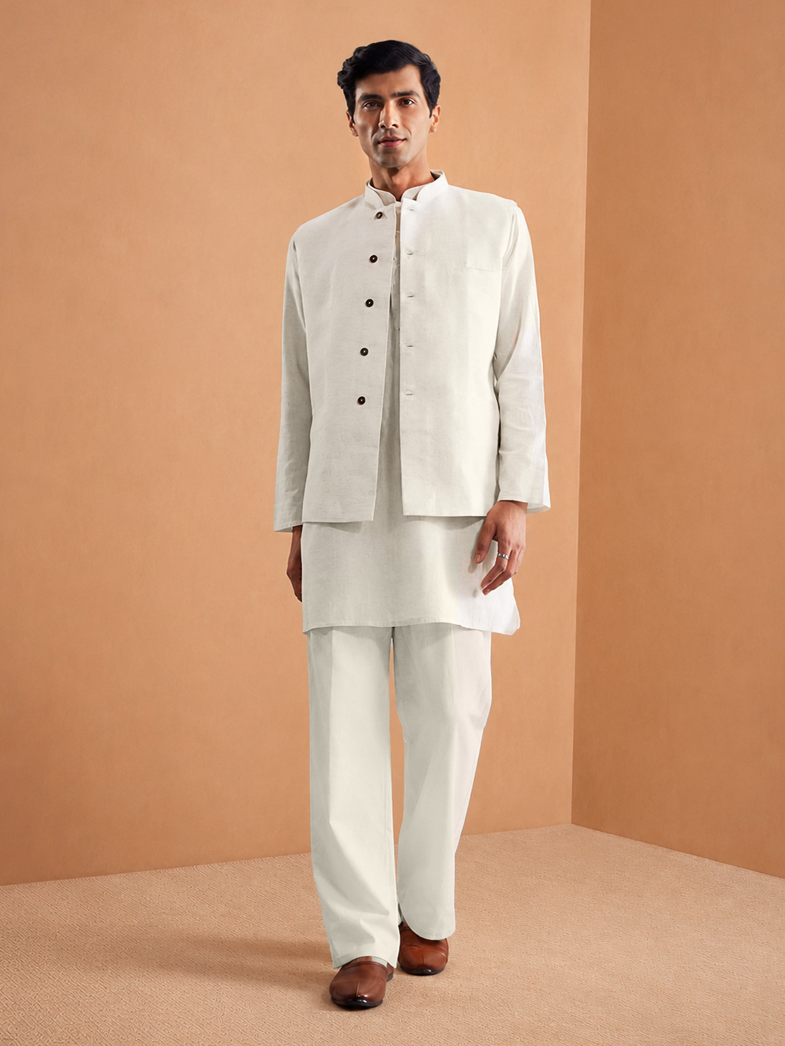 Men's Cream Solid Regular Kurta Pant Set with Straight Pant