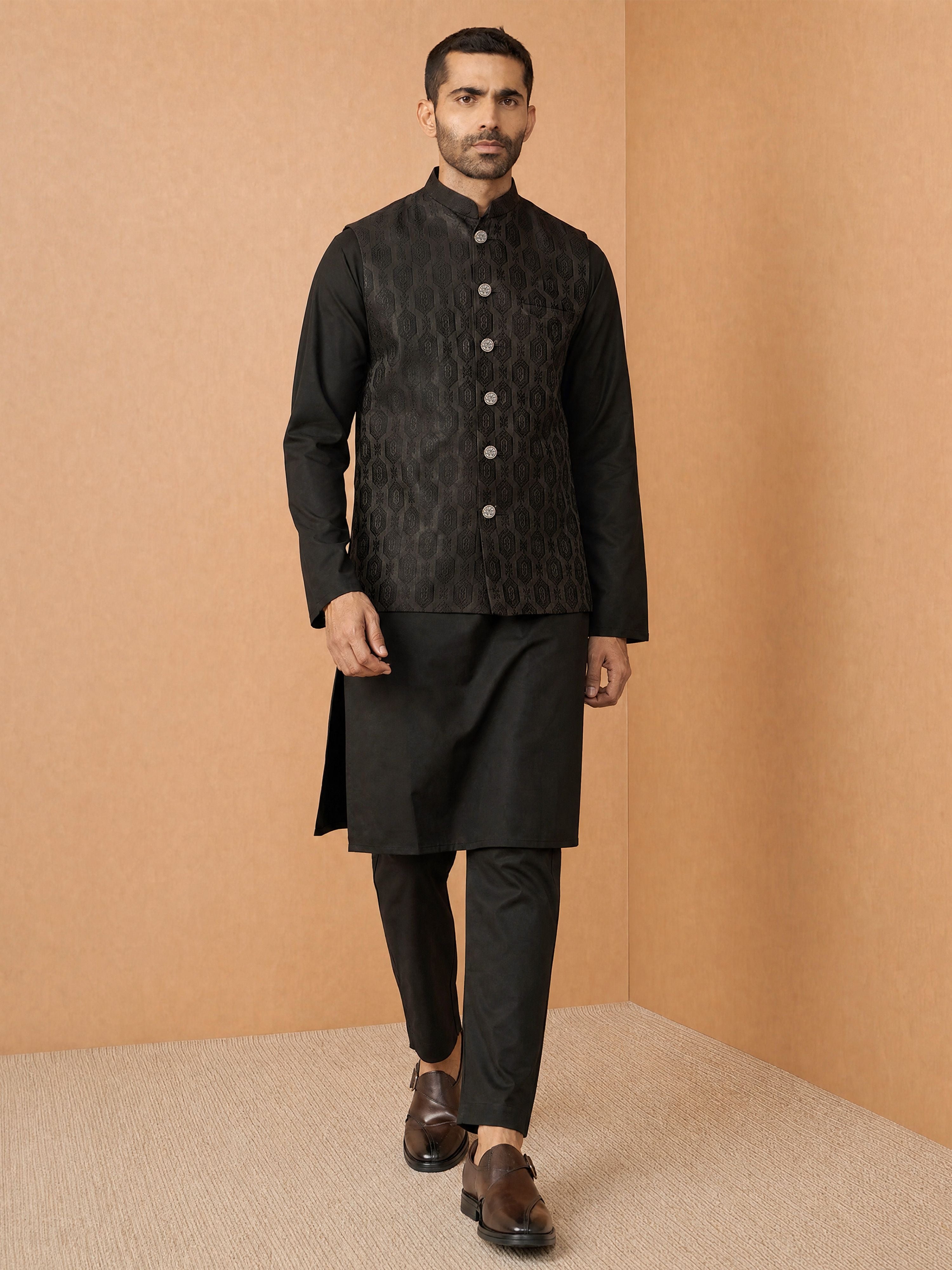 Men Black Viscose Nehru Jacket and Kurta with Pant Festive Ethnic Wear