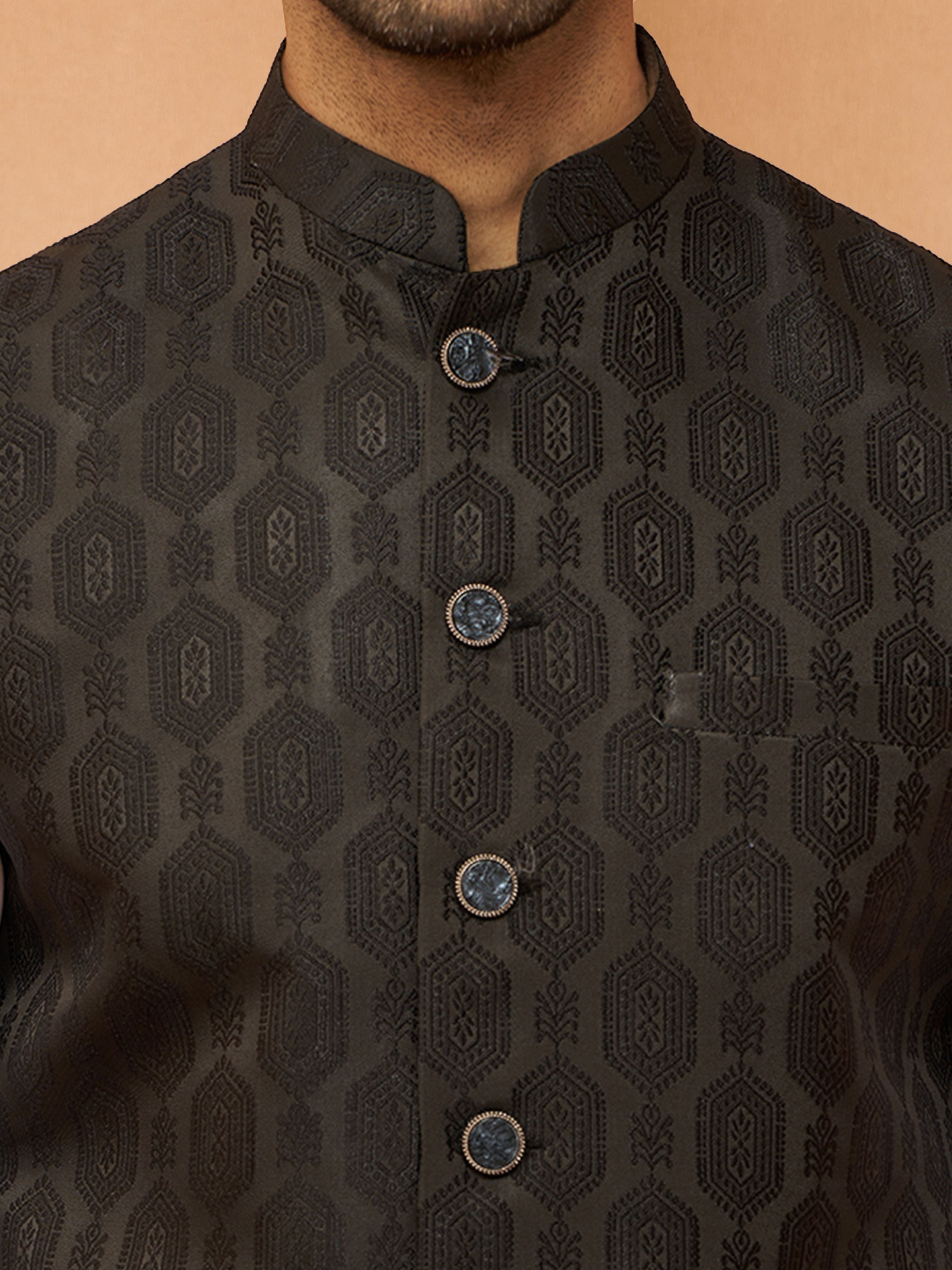 Men's Black Viscose Self Design Knee Length Nehru Jacket and Kurta with Pant