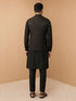 Men's Black Viscose Self Design Knee Length Nehru Jacket and Kurta with Pant