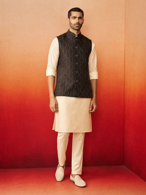 Men Beige Silk Blend Kurta Pyjama with Nehru Jacket Festive Ethnic Wear
