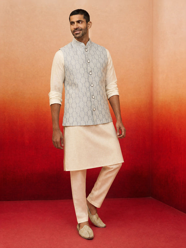 Men Beige Silk Blend Kurta Pyjama with Nehru Jacket Festive Ethnic Wear
