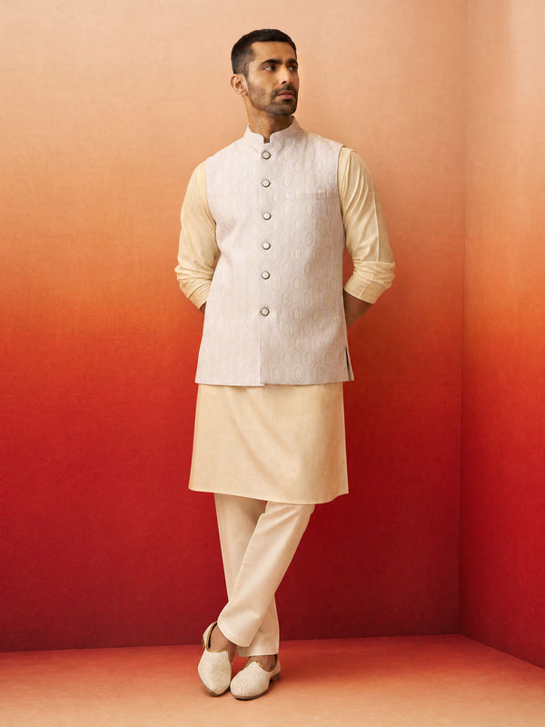 Men Beige Silk Blend Kurta Pyjama with Nehru Jacket Festive Ethnic Wear