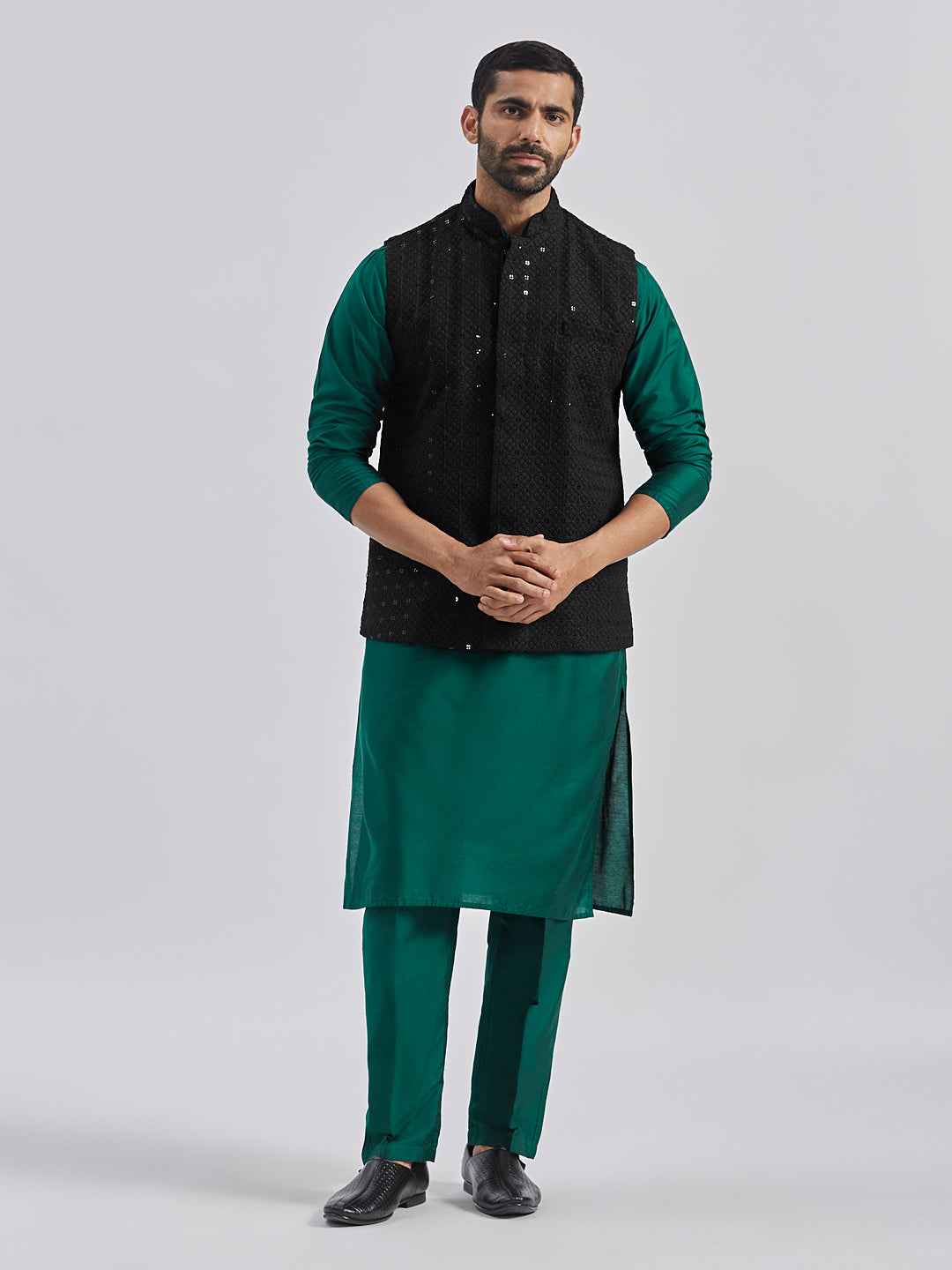 Men's Black And Bottle Green Viscose Jacket, Kurta And Pyjama Set
