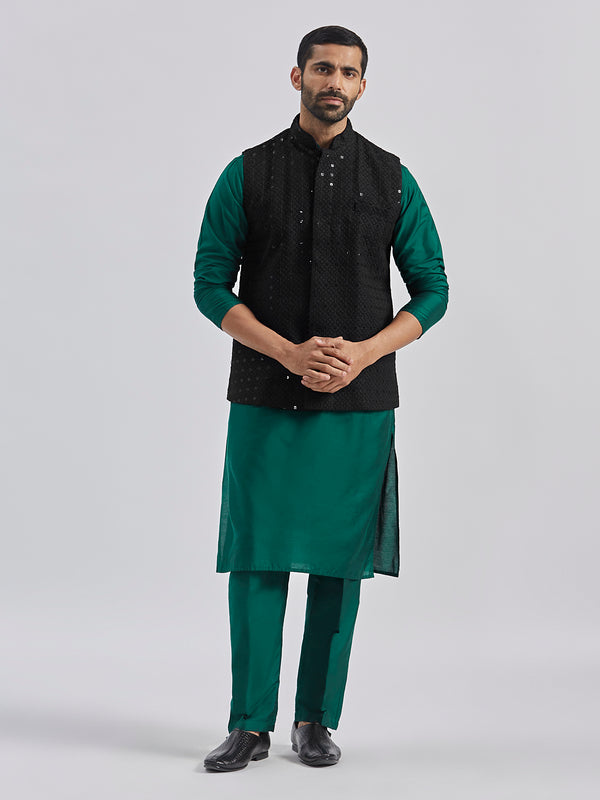 Men's Black And Bottle Green Viscose Jacket, Kurta And Pyjama Set