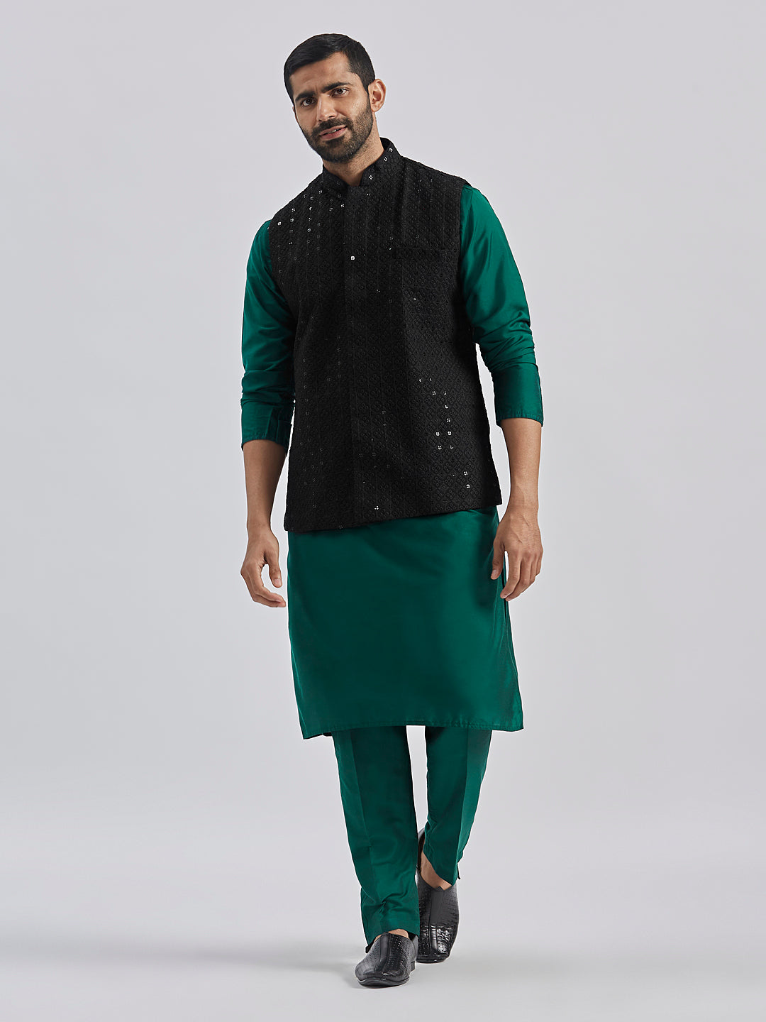 Men's Black And Bottle Green Viscose Jacket, Kurta And Pyjama Set