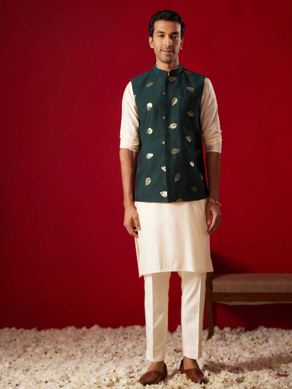 Men's Green Leaf Motif Embellished Jacket Kurta Pant Set