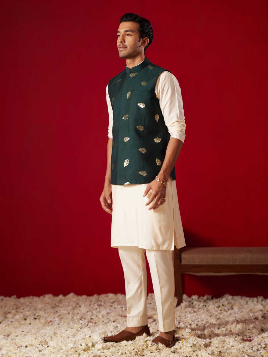 Men's Green Leaf Motif Embellished Jacket Kurta Pant Set